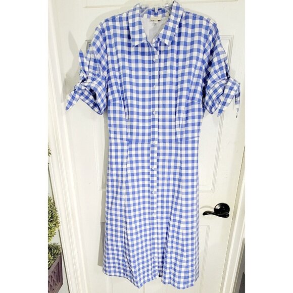 Talbots Womens Blue Checkered‎ A Line Belted Dress Button Front Lined Size 16 - Picture 2 of 12
